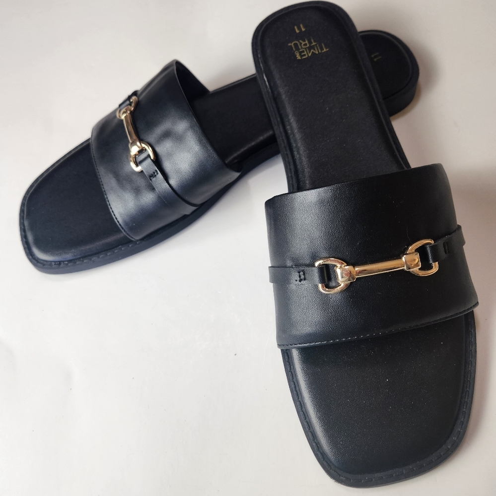 Time and Tru Women's Black Slide Sandal With Horsebit Hardware Size 11
